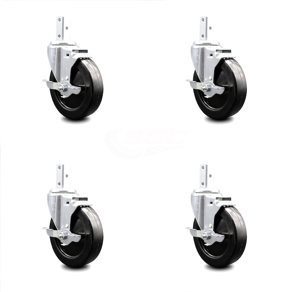 5 Inch Soft Rubber Wheel Swivel 3/4 Inch Square Stem Caster Set with Brake SCC